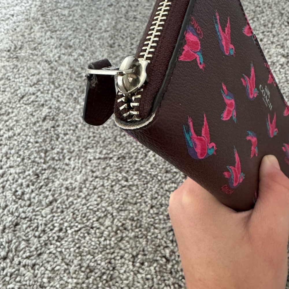Coach Dark Brown Wallet with Pink and Blue Bird Pattern - Picture 4 of 9